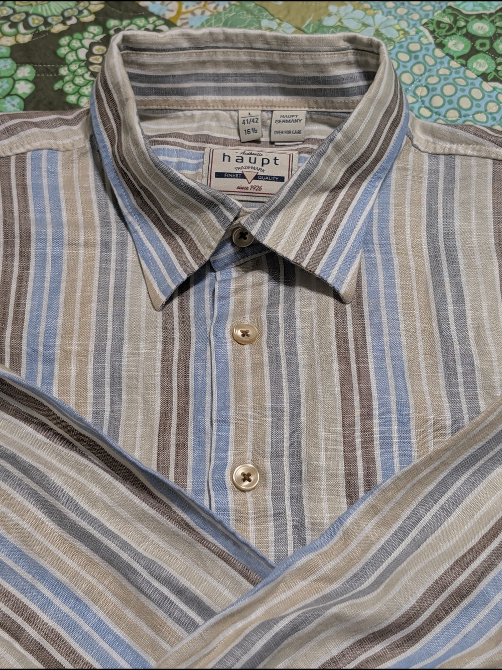 Haupt Men’s Striped Casual Button-Down Shirt — Blue, Tan & Brown